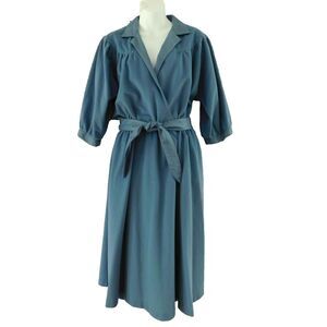 Vintage 70s Greentree by Walden 14 Blue Brushed Polyester Belted E/W Dress MINT